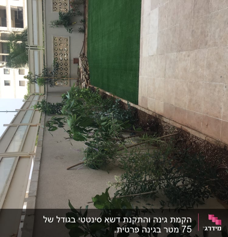 גינה עם צמחים ירוקים ודשא מלאכותי